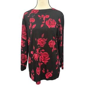 Talbots Merino Wool Sweater Tunic Rose Floral Black Red Pullover Sleeve LS NWT L